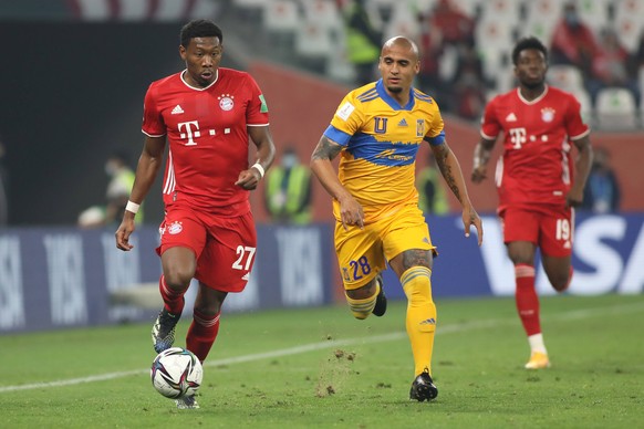 DOHA, QATAR - FEBRUARY 11: David Alaba of FC Bayern Muenchen and Luis Rodriguez of Tigres UANL during the FIFA Club World Cup Water Final on February 11, 2021 in Doha, Qatar. Photo by Colin McPhedran/ ...