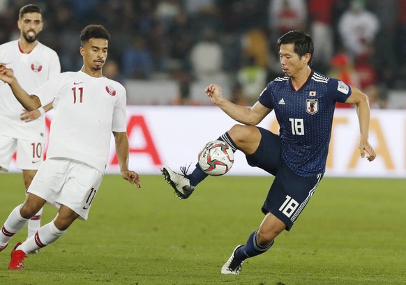 Football: Asian Cup final Tsukasa Shiotani (18) of Japan controls the ball during the first half of the Asian Cup final against Qatar in Abu Dhabi, United Arab Emirates, on Feb. 1, 2019. PUBLICATIONxI ...