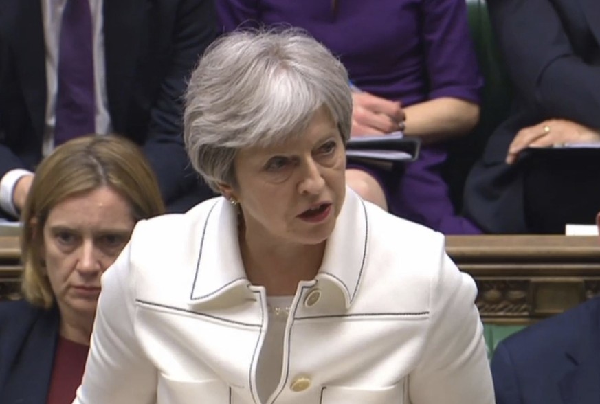 Britain&#039;s Prime Minister Theresa May makes a statement to MPs in the House of Commons in London, Monday April 16, 2018 over her decision to launch air strikes against Syria. British Prime Ministe ...