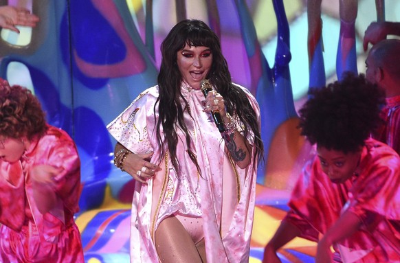 In this Nov. 24, 2019 file photo, Kesha performs at the American Music Awards at the Microsoft Theater in Los Angeles. Kesha made a false claim that Dr. Luke raped Katy Perry when there&#039;s “no evi ...