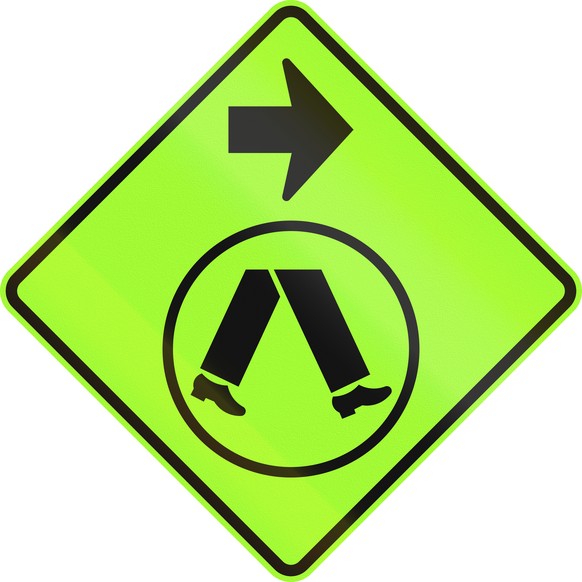 An Australian warning traffic sign - Pedestrian Crossing Ahead on Side Road, turn right