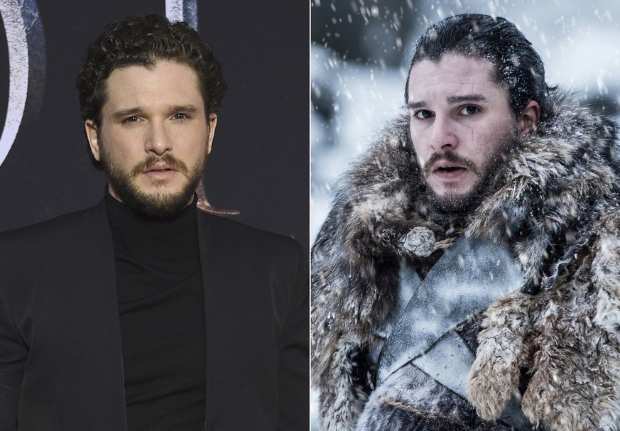 This combination photo shows Kit Harington at HBO&#039;s &quot;Game of Thrones&quot; final season premiere in New York on April 3, 2019, left, and his character Jon Snow. (Photos by Evan Agostini/Invi ...