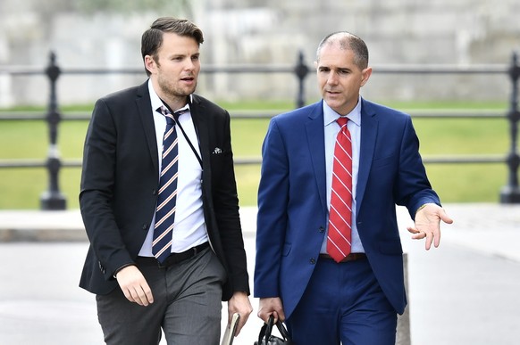 US Deputy Foreign Minister Carl Risch, right, outside the Ministry for Foreign Affairs after he met with A$AP Rocky the Kronoberg custody in Stockholm, Friday, July 19, 2019. U.S. rapper A$AP Rocky is ...