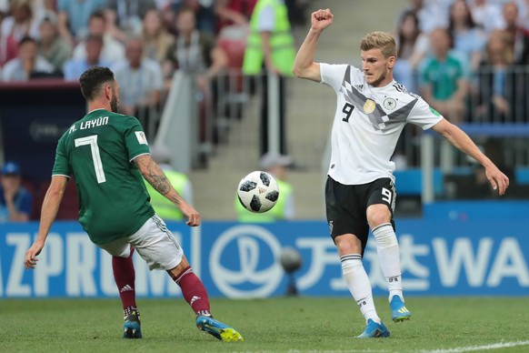 June 17, 2018 - Moscow, Russia - midfielder Miguel Layun of Mexico national team Nationalteam and forward Timo Werner of Germany National team during a Group F 2018 FIFA World Cup WM Weltmeisterschaft ...
