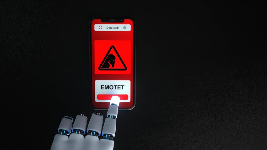 Robot Hand Smartphone Emotet Detection Humanoid robot has detected an emotet-trojan in the smartphone. 3d illustration.