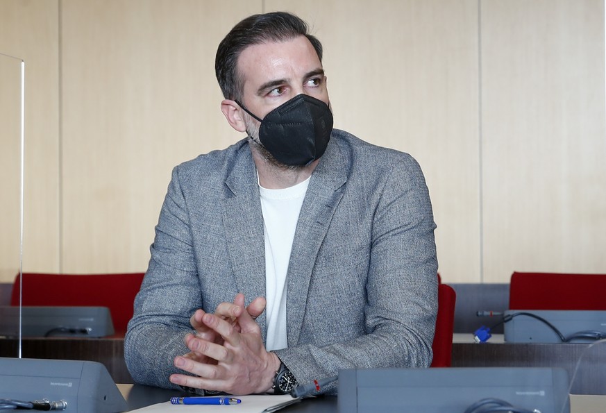 Former soccer player Christoph Metzelder looks on before the beginning of his trial, at a regional court in Duesseldorf, Germany, Thursday, April 29, 2021. The former defender of Borussia Dortmund, Re ...