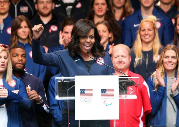 NEW YORK, April 27, 2016 -- U.S. First Lady Michelle Obama delivers a speech during the Team USA s Road to Rio Tour activity at Times Square in New York, the United States on April 27, 2016. Team USA  ...