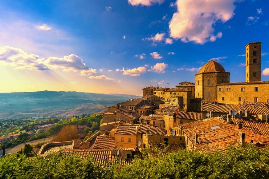 Tuscany, Volterra town skyline, church and panorama view on sunset. Maremma, Italy, Europe