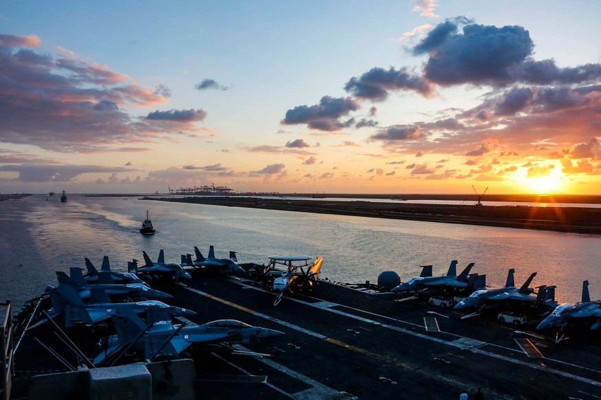 May 11, 2019: Suez Canal, Egypt: FILE: The aircraft carrier USS Abraham Lincoln transits the Suez Canal, May 9, 2019, while supporting U.S. interests in the region. American B-52 Stratofortress bomber ...