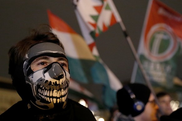 A masked demonstrator attends a protest against a proposed new labor law, dubbed as the &quot;slave law&quot;, in front of the Parliament building in Budapest, Hungary, December 14, 2018. REUTERS/Bern ...