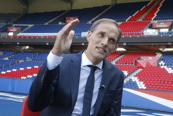 New Paris Saint-Germain coach Thomas Tuchel gestures during an interview with the Associated Press at Parc des Prince stadium in Paris, France, Sunday, May 20, 2018. The 44-year-old German joined PSG  ...