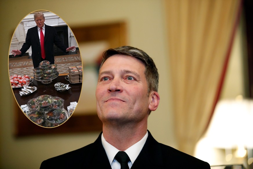 In this April 16, 2018, photo, U.S. Navy Rear Adm. Ronny Jackson, M.D., sits with Sen. Johnny Isakson, R-Ga., chairman of the Veteran&#039;s Affairs Committee, before their meeting on Capitol Hilin Wa ...