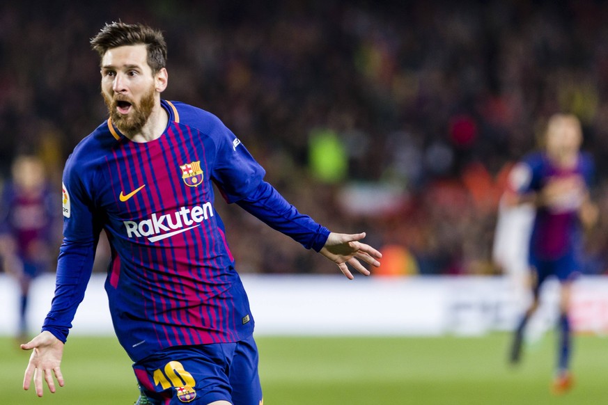 May 6, 2018 - Barcelona, Catalonia, Spain - FC Barcelona Barca forward Lionel Messi (10) celebrates scoring the goal during the match between FC Barcelona v Real Madrid, for the round 36 of the Liga S ...
