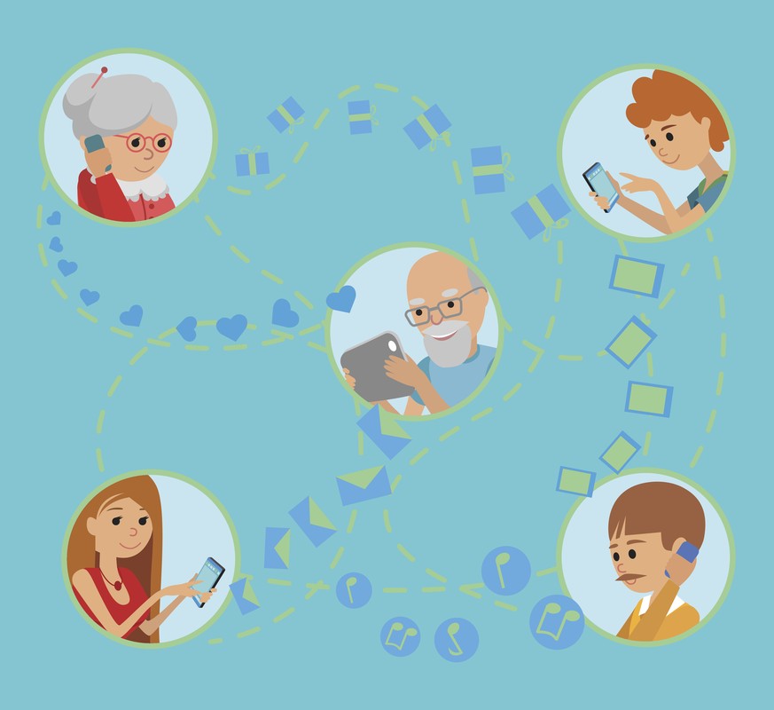 Family vector illustration flat style people faces online social media communications. Man woman parents grandparents with tablet phone. Content and humans connected via chat share like e-mail.