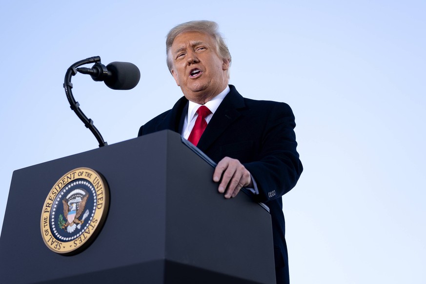 U.S. President Donald Trump speaks during a farewell ceremony at Joint Base Andrews, Maryland, U.S., on Wednesday, Jan. 20, 2021. Trump departs Washington with Americans more politically divided and m ...