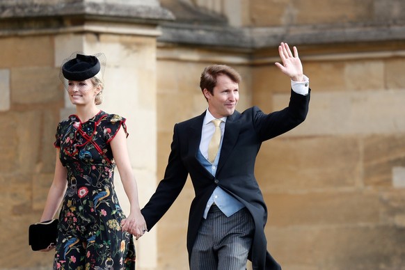 British singer-songwriter James Blunt (R) arrives with his wife Sofia Wellesley (L) to attend the wedding of Britain&#039;s Princess Eugenie of York to Jack Brooksbank at St George&#039;s Chapel, Wind ...