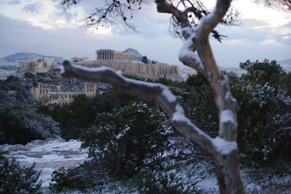 08.01.2019, Griechenland, Athen: Schnee bedeckt einen Baum. Im Hintergrund sieht man die Akropolis. Foto: Petros Giannakouris/AP/dpa +++ dpa-Bildfunk +++