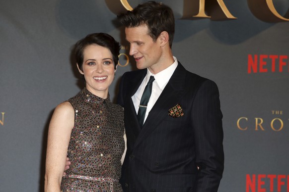 FILE - In this Tuesday, Nov. 21, 2017 file photo, actors Claire Foy, left, and Matt Smith pose for photographers on arrival at the premiere of the series &#039;The Crown, Season 2&#039; in central Lon ...