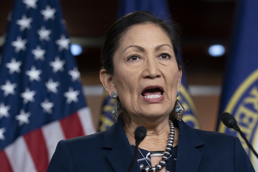 FILE - In this March 5, 2020, file photo Rep. Deb Haaland, D-N.M., Native American Caucus co-chair, speaks to reporters about the 2020 Census on Capitol Hill in Washington. President-elect Joe Biden p ...