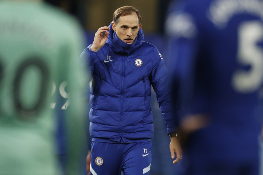 Chelsea&#039;s head coach Thomas Tuchel reacts at the end of the English Premier League soccer match between Chelsea and Everton at the Stamford Bridge stadium in London, Monday, March 8, 2021. (John  ...