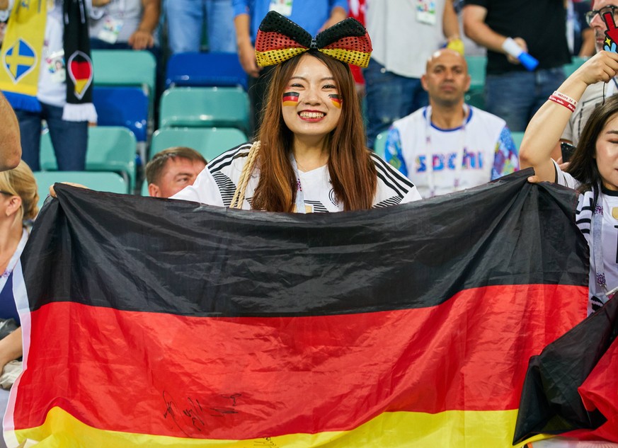 Germany - Sweden, Soccer, Sochi, June 23, 2018 fans, supporters, spectators, club flags, celebration. GERMANY - SWEDEN 2-1 FIFA World Cup WM Weltmeisterschaft Fussball 2018 RUSSIA, Group F, Season 201 ...
