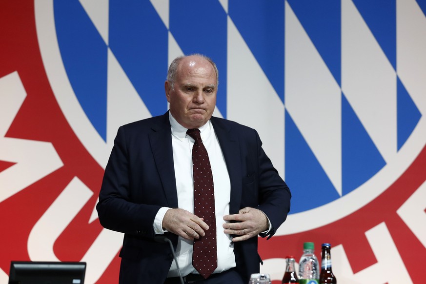 President Uli Hoeness arrives for the annual general meeting of FC Bayern Munich soccer club in Munich, Germany, Friday, Nov. 30, 2018. (AP Photo/Matthias Schrader)