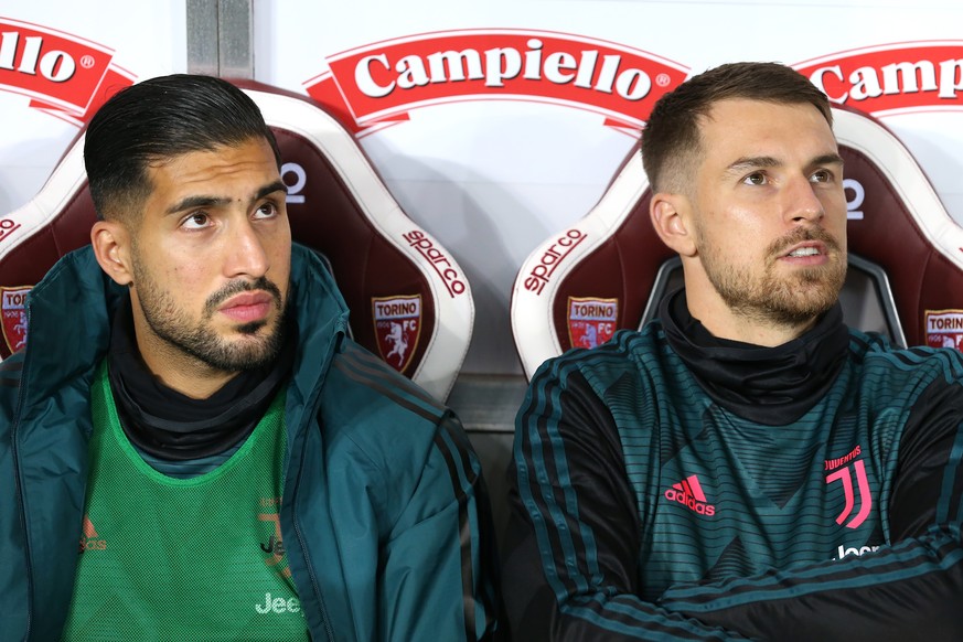 Emre Can and Aaron Ramsey of Juventus pictured on the bench before the Serie A match at Stadio Grande Torino, Turin. Picture date: 2nd November 2019. Picture credit should read: Jonathan Moscrop/Sport ...
