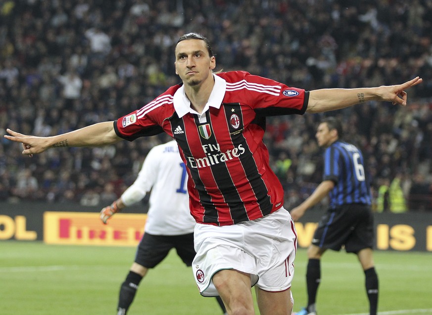 FILE - In this Sunday, May 6, 2012 filer, AC Milan forward Zlatan Ibrahimovic, of Sweden, celebrates after scoring during the Serie A soccer match between Inter Milan and AC MIlan at the San Siro stad ...