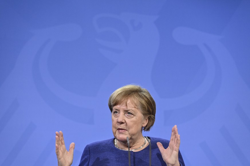 German Chancellor Angela Merkel addresses a press conference following the EU leaders&#039; videoconference, in Berlin, Thursday, Feb 25, 2021. European Union leaders are seeking to inject new energy  ...