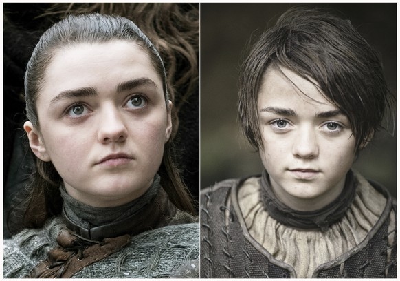 This combination photo of images released by HBO shows Maisie Williams portraying Arya Stark in &quot;Game of Thrones.&quot; The final season of the popular series premieres on April 14. (HBO via AP)