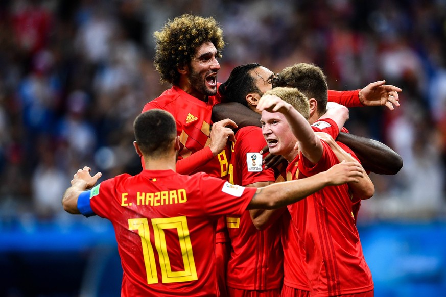 Nacer Chadli of Belgium, center, celebrates with his teammates after scoring a goal against Japan in their Round of 16 match during the 2018 FIFA World Cup WM Weltmeisterschaft Fussball in Rostov, Rus ...