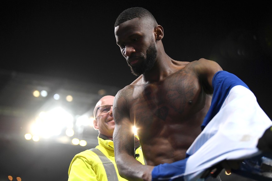 MANCHESTER, ENGLAND - FEBRUARY 10: Antonio Ruediger of Chelsea takes his shirt off after the Premier League match between Manchester City and Chelsea FC at Etihad Stadium on February 10, 2019 in Manch ...
