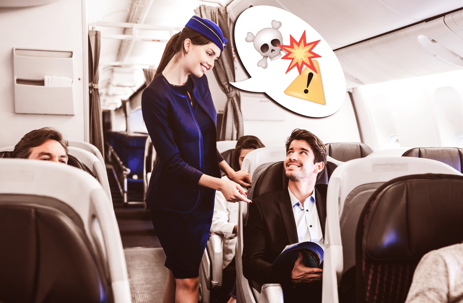 Portrait of a happy flight attendant checking on a man in the airplane